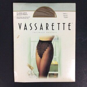Vassarette Pantyhose Floral Lace Hi-Cut Panty Size Small Beige Sheer Leg Vintage
